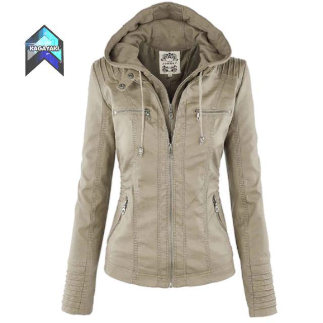 Jaket kulit sintetis wanita / jaket semi kulit hoodie / jaket murah /  fashion wanita-Mocca