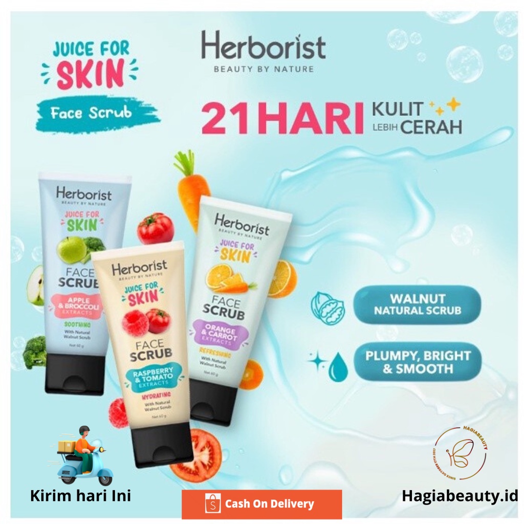 Bisa COD - Herborist Juice For Skin FACE SCRUB Series / Raspberry &amp; Tomato | Orange &amp; Carrot | Apple &amp; Broccoli