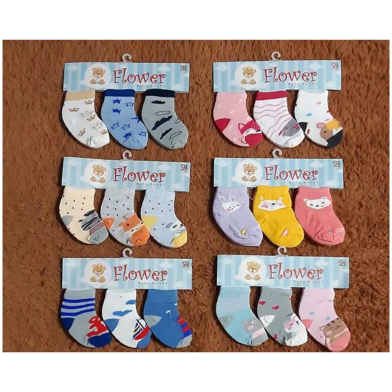 3 Pasang Kaos Kaki Bayi Winteku 0-6bulan/ kaos kaki bayi flower