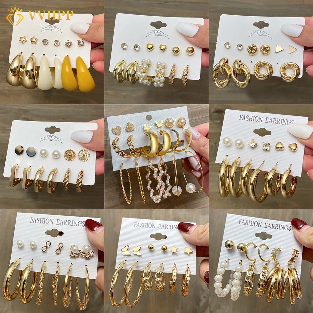 Fashion Resin Pearl Stud Earring Set Butterfly Crystal Gold Earrings Vintage Hoop Earring Women Jewelry Accessories