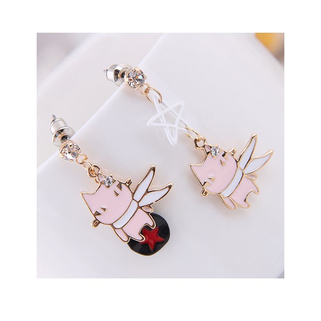 LRC Anting Tusuk Fashion White Cat Asymmetric Earrings A5851X