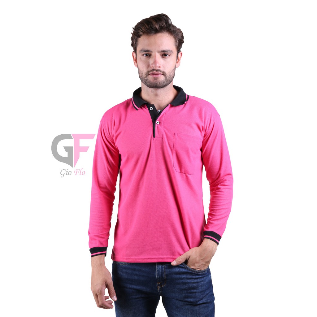 GIOFLO Kaos Panjang Polo Shirt Pria Dewasa Pink Fanta Kerah Hitam / PLS 57