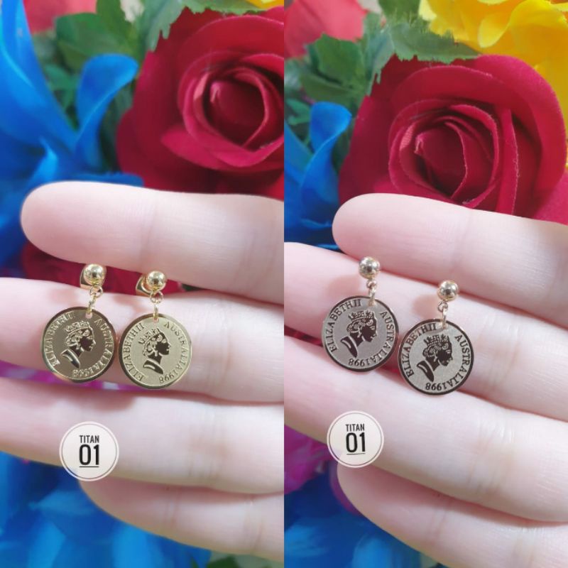 Anting Tusuk Koin Ratu Elizabeth Titanium Bulat Gold Dan Rosegold N24072101