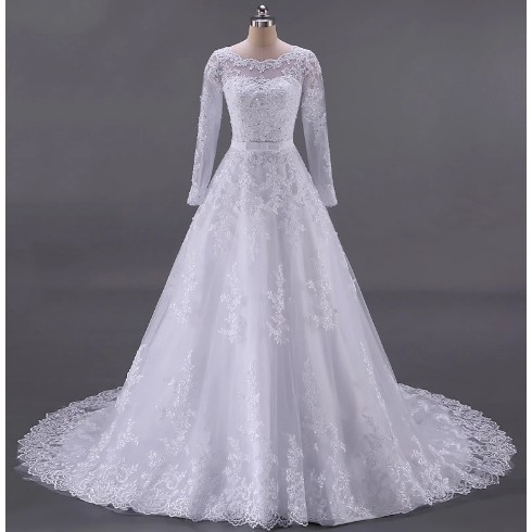 Gaun pengantin  lengan panjang muslim Crystal Beads Pearl Thin Lace Wedding Dress