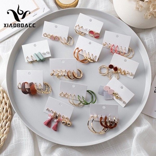 XiaoboACC 6Pcs/Set Anting Tusuk Bentuk Bulat Motif Geometri untuk Wanita