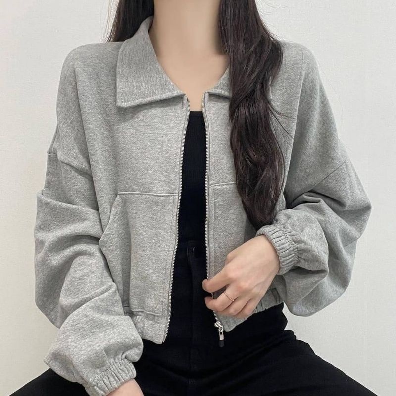 Sweater Crewneck Crop Outerwear Pakaian Wanita VADA COLAR JAKET Korean style Bahan flecee