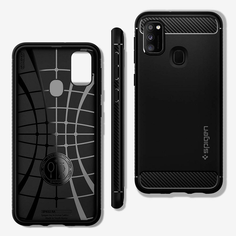 Case Samsung Galaxy M21 Spigen Rugged Armor Carbon Fiber Softcase Matte Black Casing