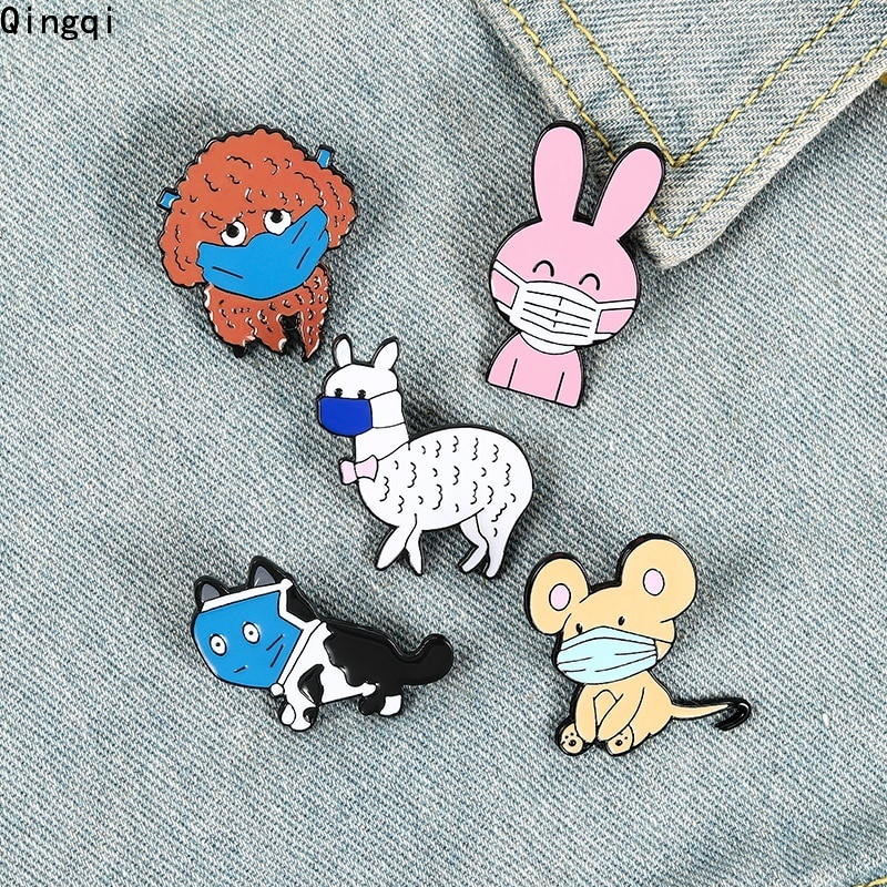 Bros Pin Enamel Desain Kartun Hewan Kucing Anjing Kelinci Tikus Alpaca Untuk Anak