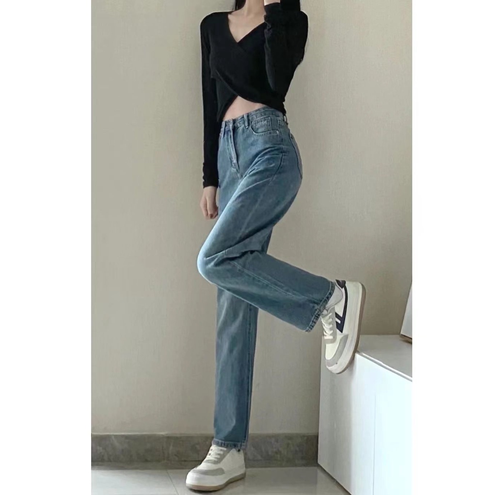 Celana Jeans Longgar Wanita Pinggang Tinggi Biru Retro Korea Baru