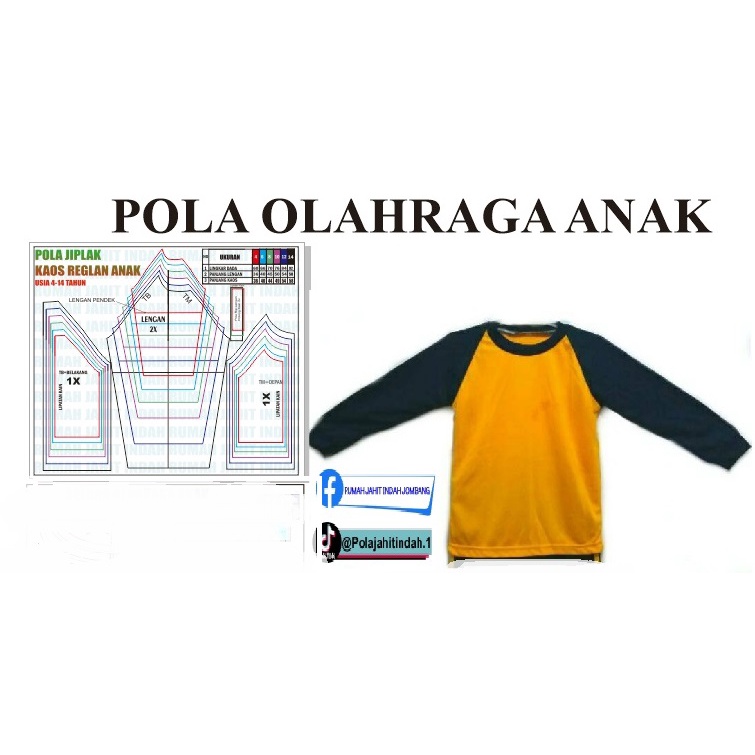 pola baju pola jahit KAOS OLAHRAGA TK/SD size 4 - 14 tahun