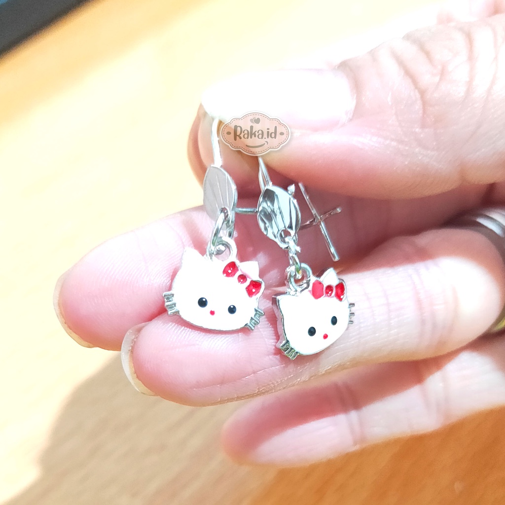 Anting Clip / Klip Motif Muka Hello Kitty Pita Merah Perhiasan Aksesoris Wanita 1155