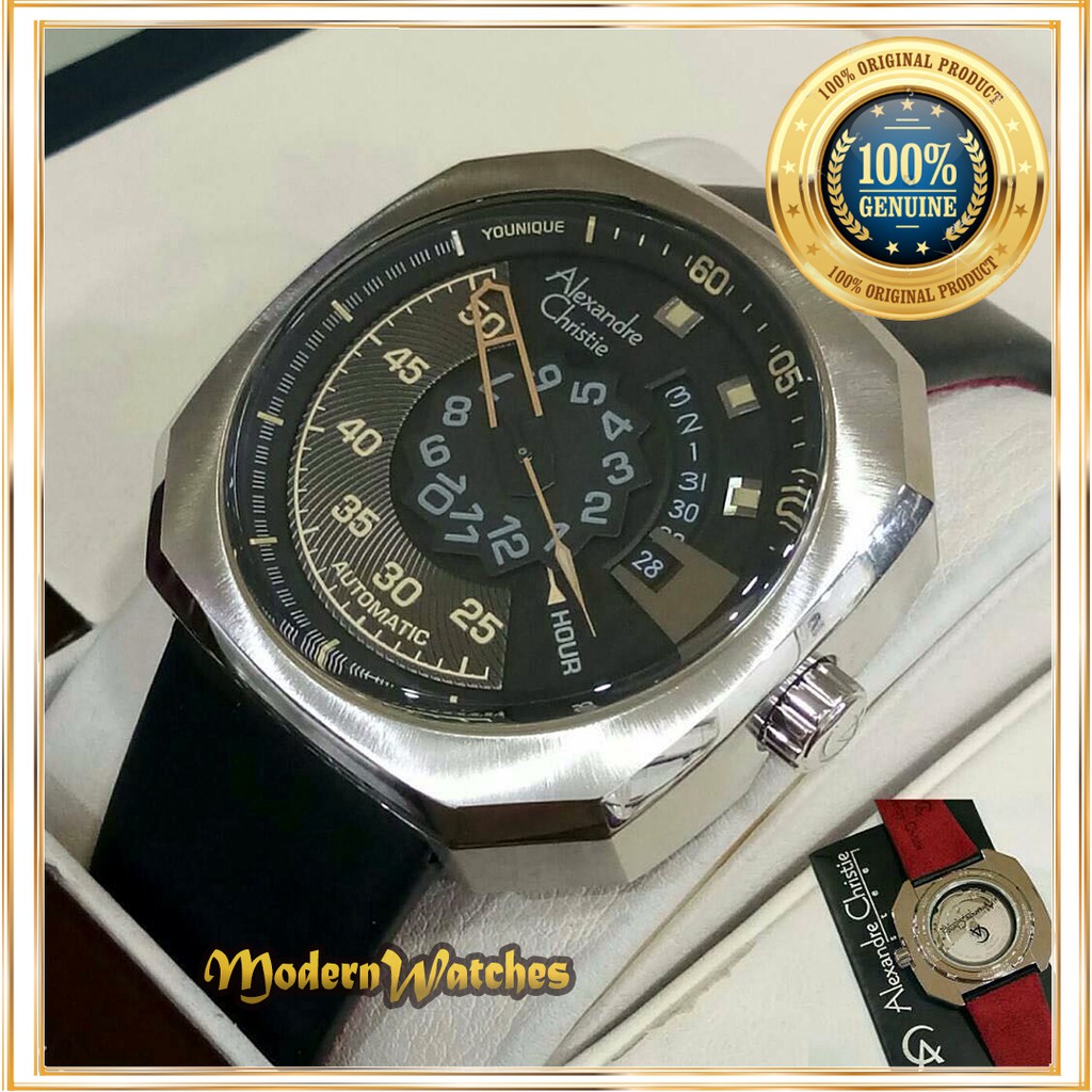 Jam Tangan Alexandre Christie Automatic Ori Pria AC 3032 Silver Hitam Black Kulit Otomatis Alexander