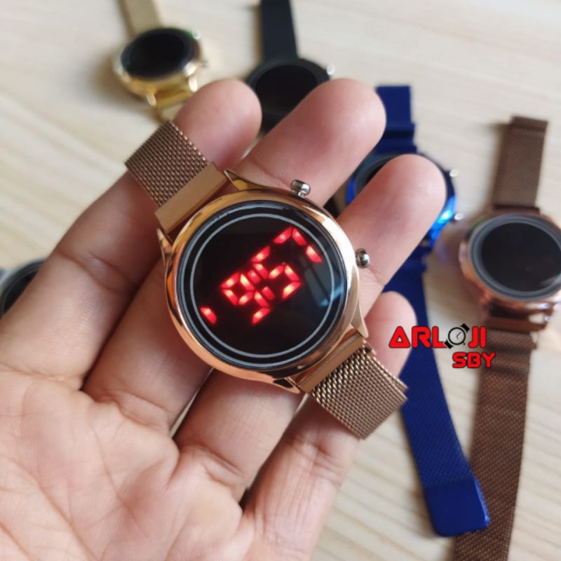 JAM TANGAN WANITA LED WATCH DIGITAL MAGNET MESH CONVEX BULAT MINI