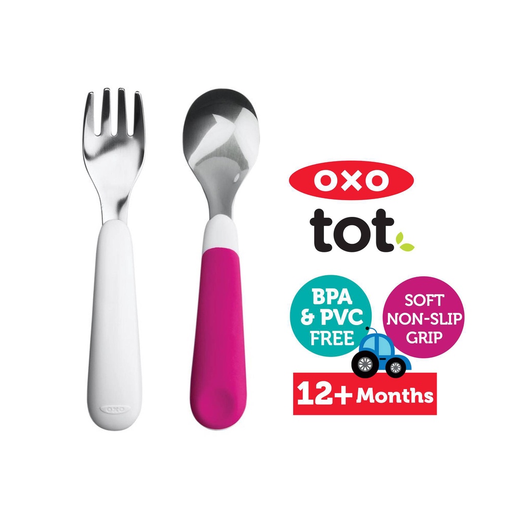 Oxo Tot Fork &amp; Spoon Set - Stainless Steel Garpu Sendok Anak Bayi Training Peralatan Makan Anak Balita Set Oxotot