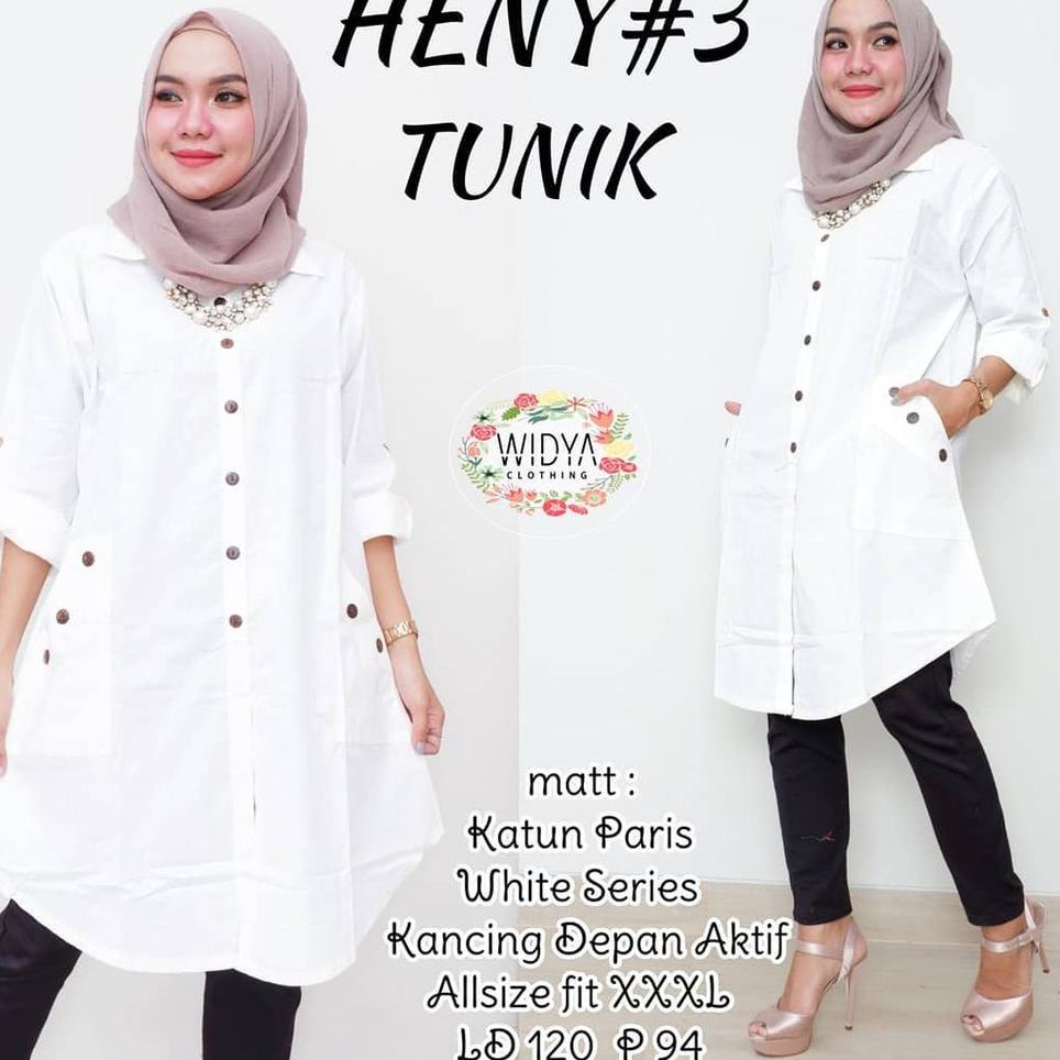 Terbaru.. Tunik JUMBO Wanita Muslimah PUTIH HENY Full Kancing LD 120 Size XXL Baju Atasan Katun Pari
