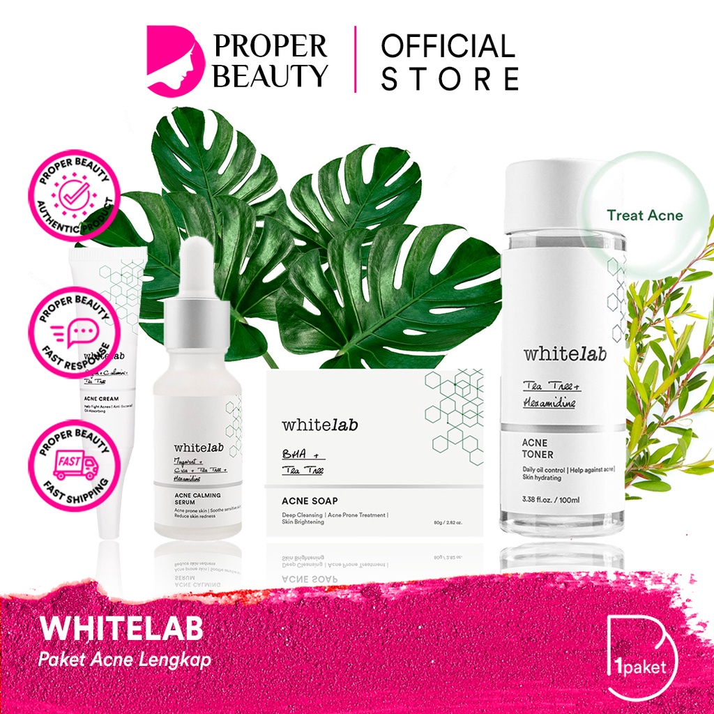 WHITELAB Paket Acne Lengkap Indonesia / Facial Wash Hydrating Essence Toner Serum Ampoule Day Night Underarm Eye Cream Sunscreen Clay Mask Masker Gel Body Soap / Face Brightening Mugwort Niacinamide Peeling Calming Wajah Set / Sabun Krim Pelembab White