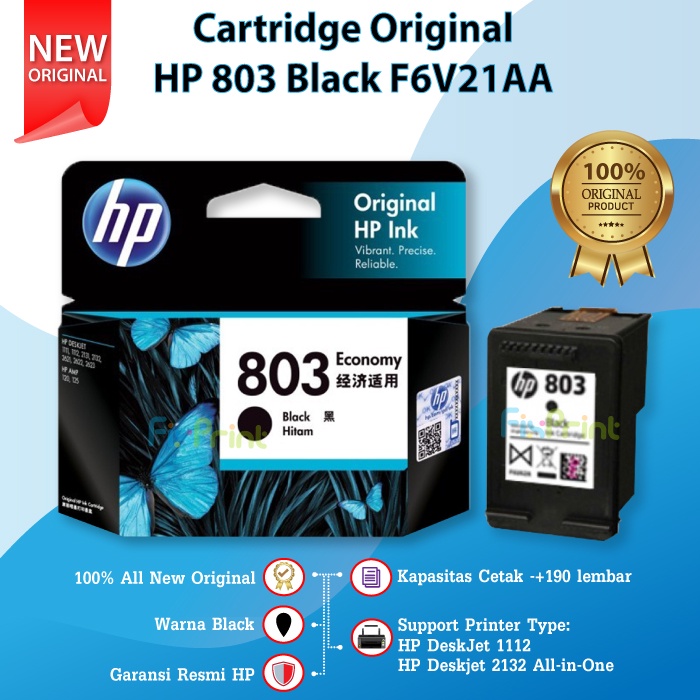 Cartridge HP 803 Black Original Ink Catridge F6V21AA Katrid Tinta Hitam Printer 1111 1112 2131 2132
