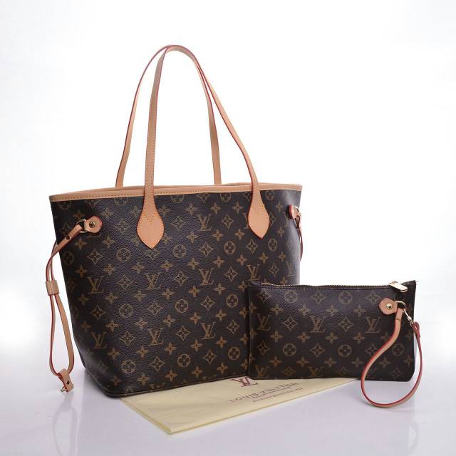 Tas Wanita Lv Neverfull Set, Tas Motif Kotak Kotak, 2 in1 Cantik