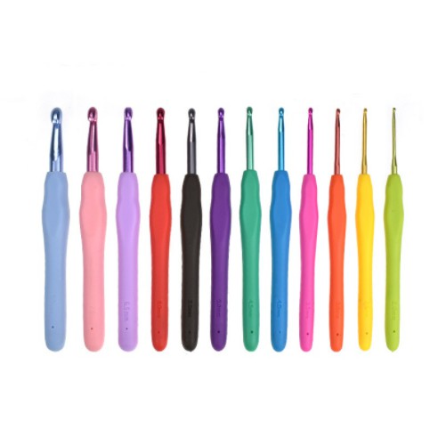 Hakpen Gagang Karet 12 sizes SET ANK / Silicone Handle Aluminium Crochet Hooks - Seri Rainbow