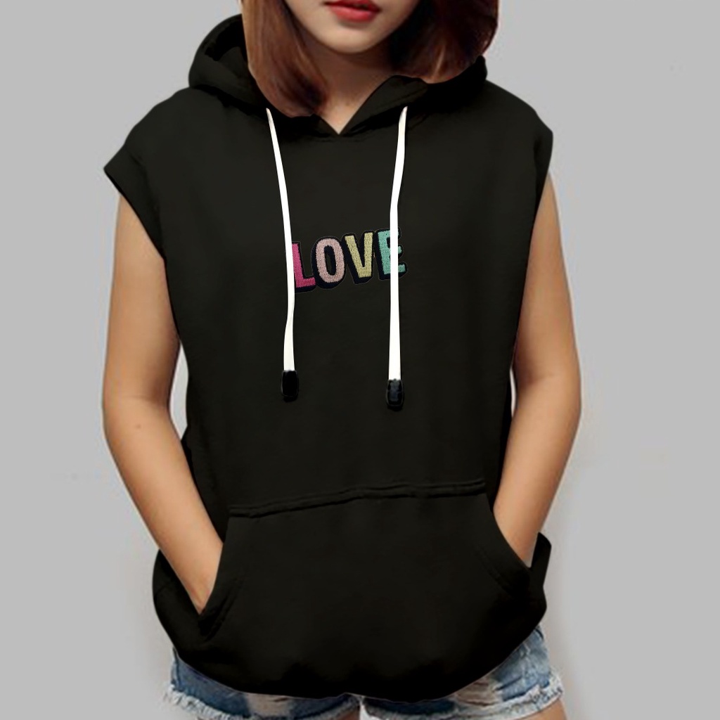 SLEEVELESS HOODIE ROMPI MOTIF BORDIR LOVE / VEST HOODIE WANITA TEBAL