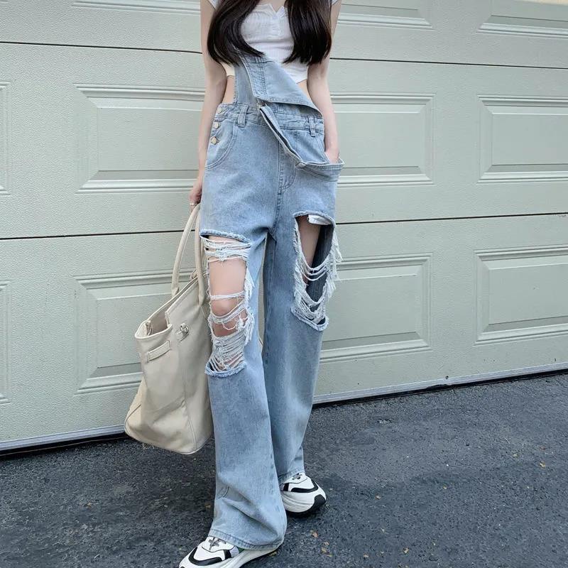 Overall selera desain khusus wanita baru longgar dan sobek tipis suspender jeans celana kaki lebar k