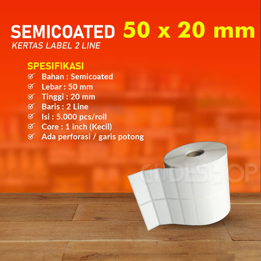 Sticker Label Barcode Semicoated 50 x 20 mm 2 Line Isi 5.000 pcs