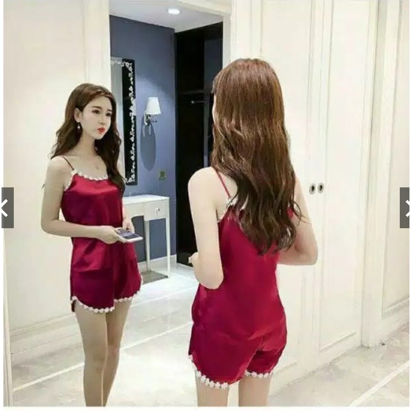 Trijaya . setelan tank top satin import / set tank top renda / baju tidur hotpant renda set amora KD.296