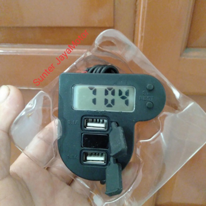 SJ - voltmeter Charger hp USB dan jam digital, 3in1 plus breket.