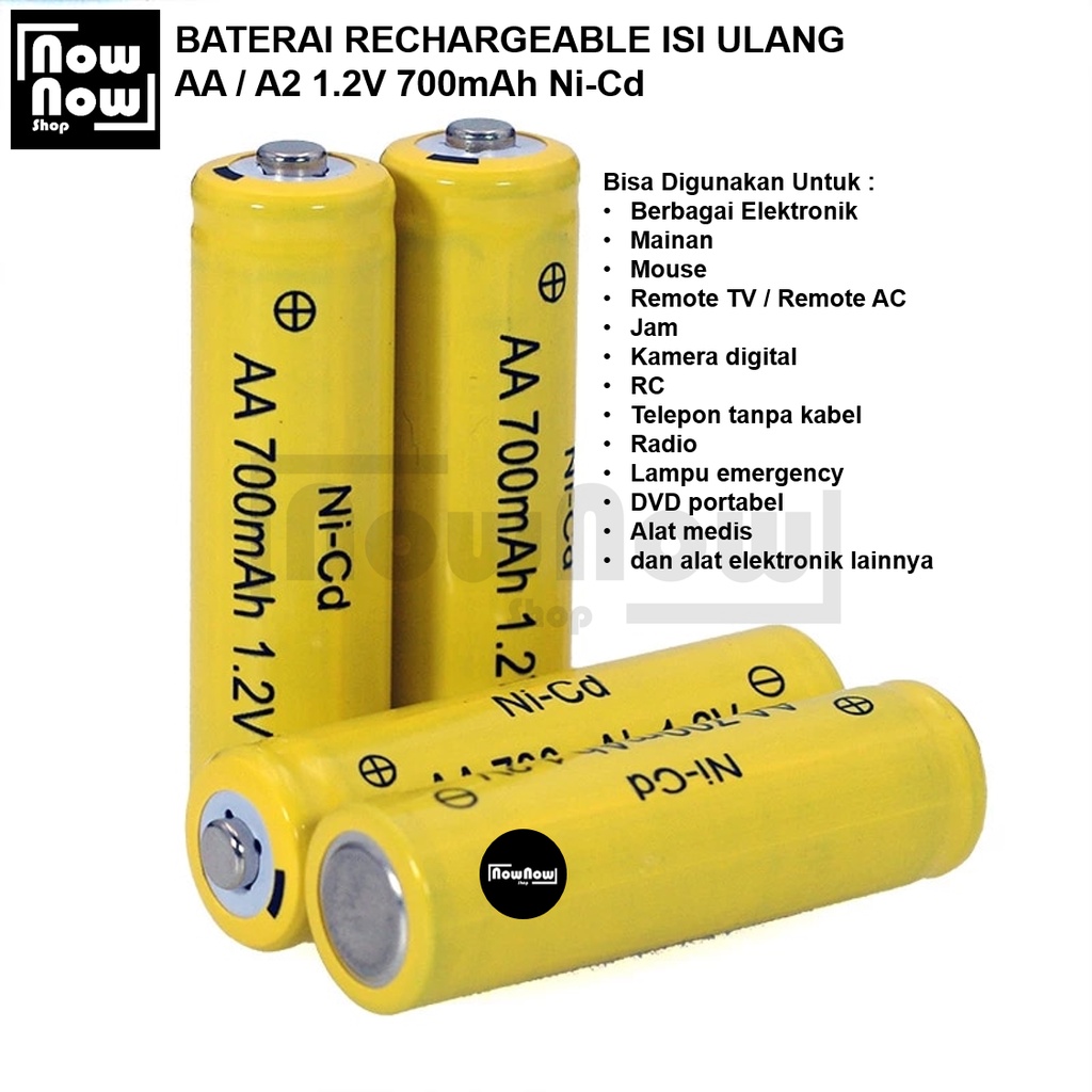 Baterai Rechargeable Isi Ulang AA / A2 1.2V 700Mah Ni-Cd Battery Batre Cas Universal Serbaguna Nickel-Cadmium Alat Elektronik Jam Alarm Mainan Anak XBox Mouse Lampu Remote TV AC Kamera Digital Telepon Wireless Radio DVD Portabel Alat Medis