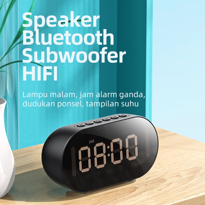 Speaker Bluetooth Wireless Jam Alarm LED Cermin Radio Nirkabel Mini Speker Stereo Bass Kartu Speaker