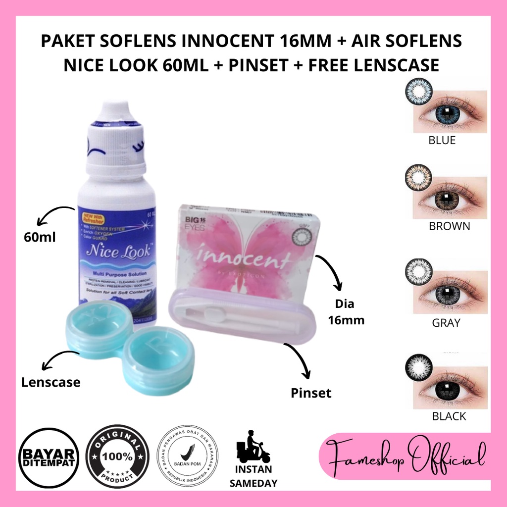 [ 4IN1 ] PAKET SOFTLENS INNOCENT DIA 16MM NORMAL &amp; MINUS + CAIRAN NICE LOOK 60ML + PINSET + LENSCASE / COD INSTAN SAMEDAY / LENSA KONTAK / PAKET MURAH / PAKET LENGKAP / CONTAC LENS / MATA / BELO / BIG EYES