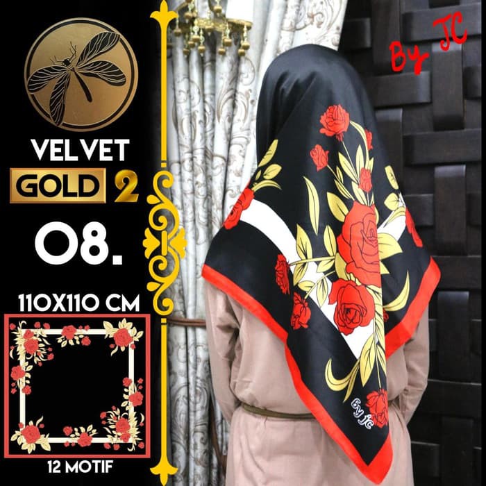 Jilbab Segi Empat Satin Black By Golden 2 / Velvet gold2 - Design 08