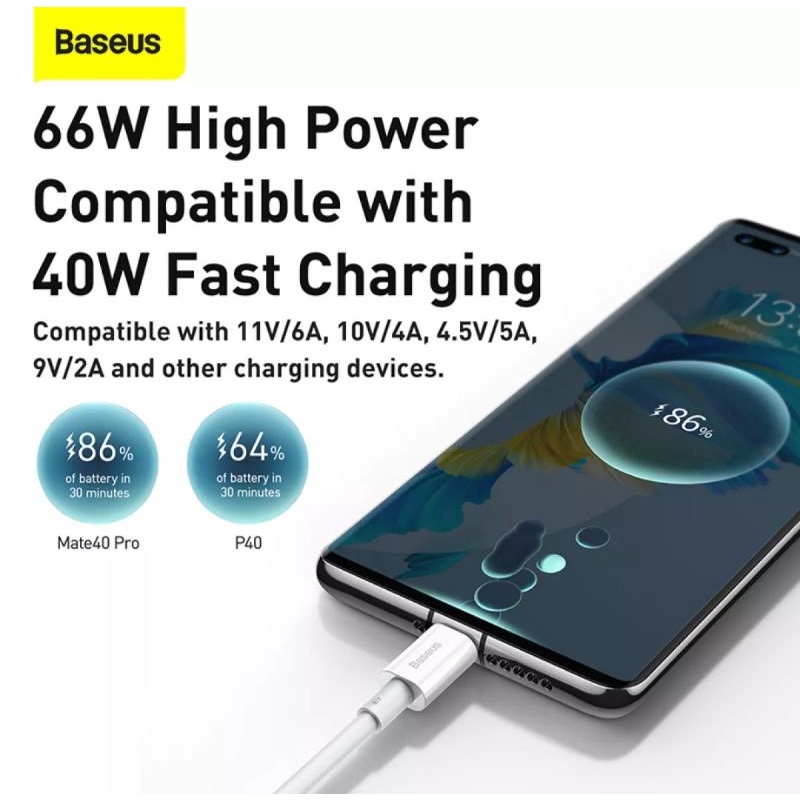 Baseus 6A/66W Huawei P40 P40 Pro Mate Oppo/Vivo Flash Charging Type C