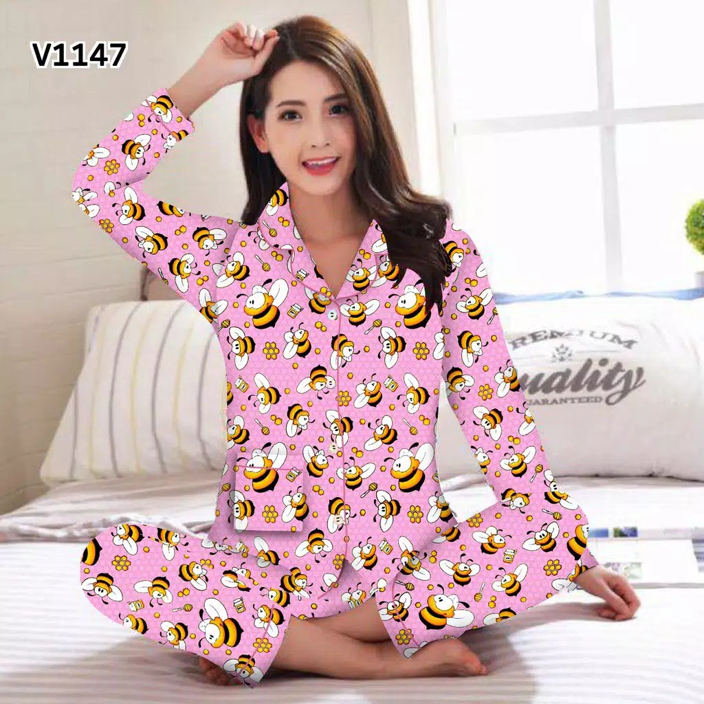 PIYAMA WANITA LENGAN PANJANG / BAJU TIDUR WANITA MOTIF DAUN PP