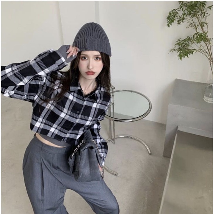 BEFAST - ZEC OOTD Wanita Kemeja Crop NIKEN / Jennie Plaid Crop / Kemeja Crop Wanita / Kemeja Ala Korean Style / Kemeja Motif Kotak-Kotak