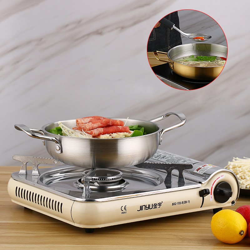 ღ Stainless Steel Makanan Laut Pot Emas Tebal Double Telinga Pan Kering Pot Hotpot Rumah Memasak Paella Pan Piknik Makanan Ringan Piring dapur Memasak Alat