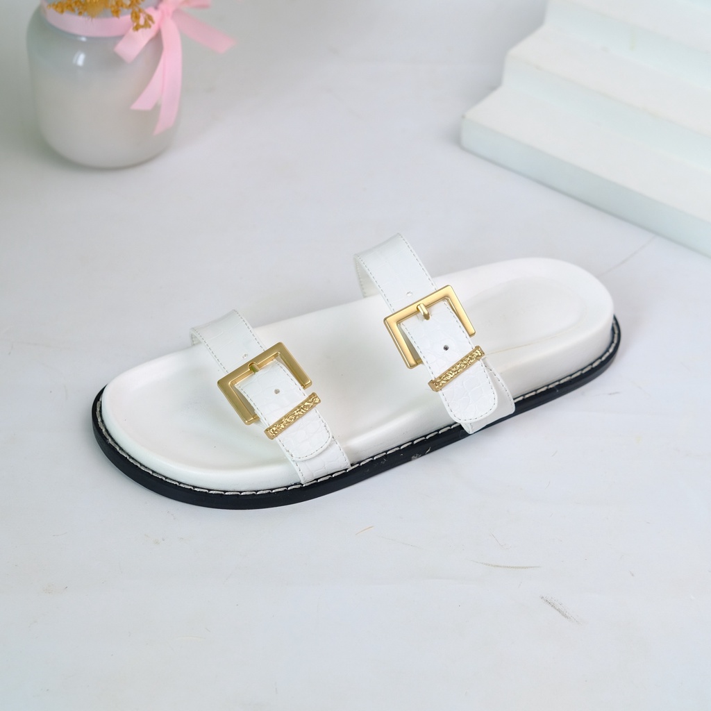 [7.7 Boombastis Sale⚡] - SANDAL WANITA CKS426 CK DOUBLE BUCKLE FLAT SANDAL PREMIUM IMPORT