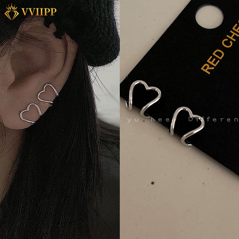 Anting Klip Bentuk Hati Model Hollow Warna Silver Untuk Wanita