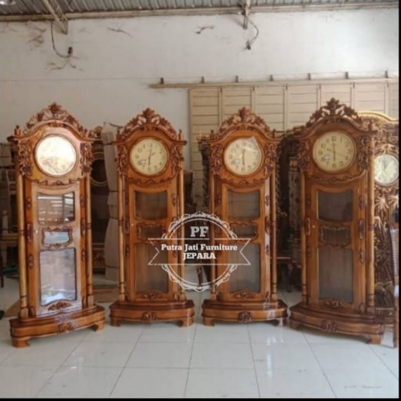Jam masjid ukir Jepara - Jam berdiri besar hias rumah kayu jati