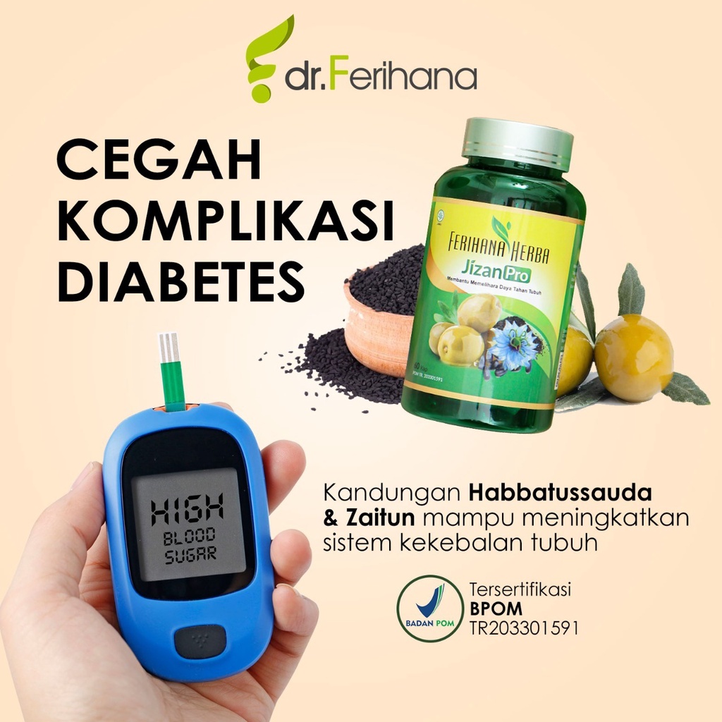 Jizan Pro by Ferihana Herba Merupakan Kapsul Suplemen Kesehatan yang mampu Meningkatkan Daya Tahan Tubuh bahkan Kesuburan dan juga bisa untuk Mengatasi Radang Tenggorokan, Hipertensi, Diabetes, Kolesterol, Terapi Pendaping Kanker BPOM