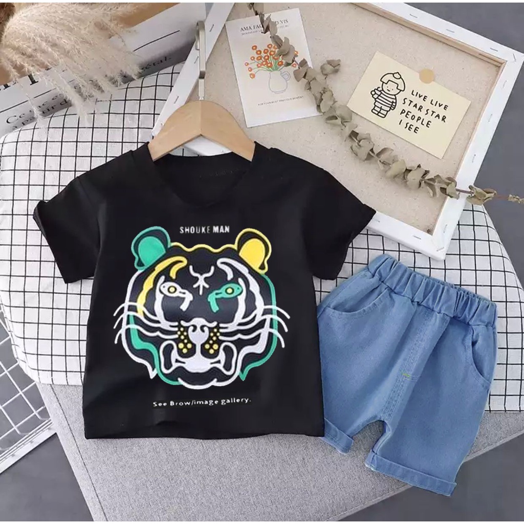 SETELAN BAJU ANAK TERBARU MOTIF KENZIOO CELANA JEANS PENDEK 1-5 TAHUN SETELAN BAJU ANAK LAKI LAKI DAN PEREMPUAN