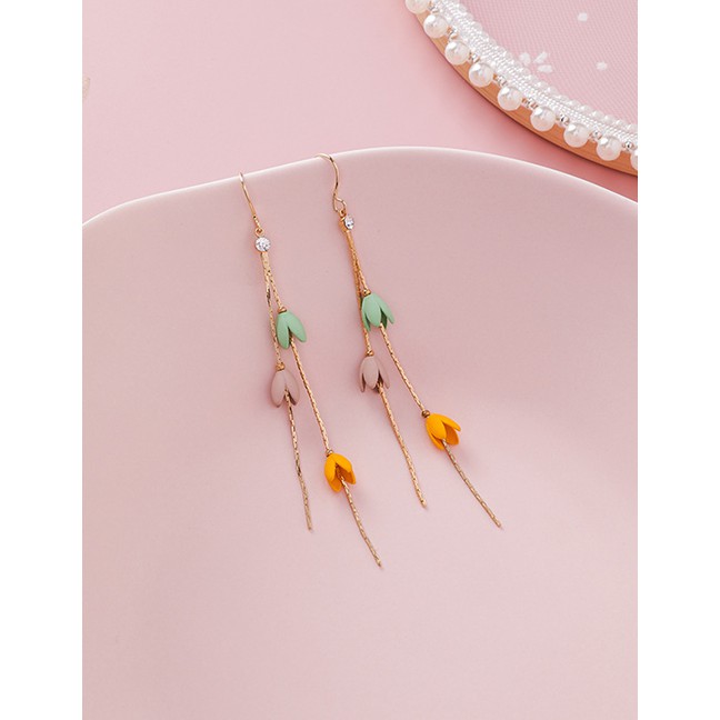 LRC Anting Gantung Fashion Yellow + Green Flower Tassel Earrings D28182