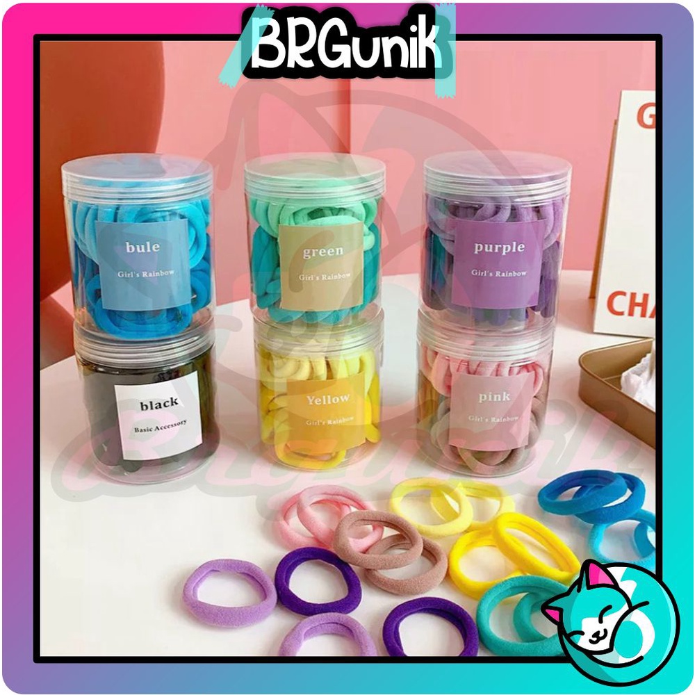 BRGUNIK 50pcs Ikat Rambut Ponytail Elastis Wanita Polos Kuncir Ala Korea Toples Plastik R612 R613