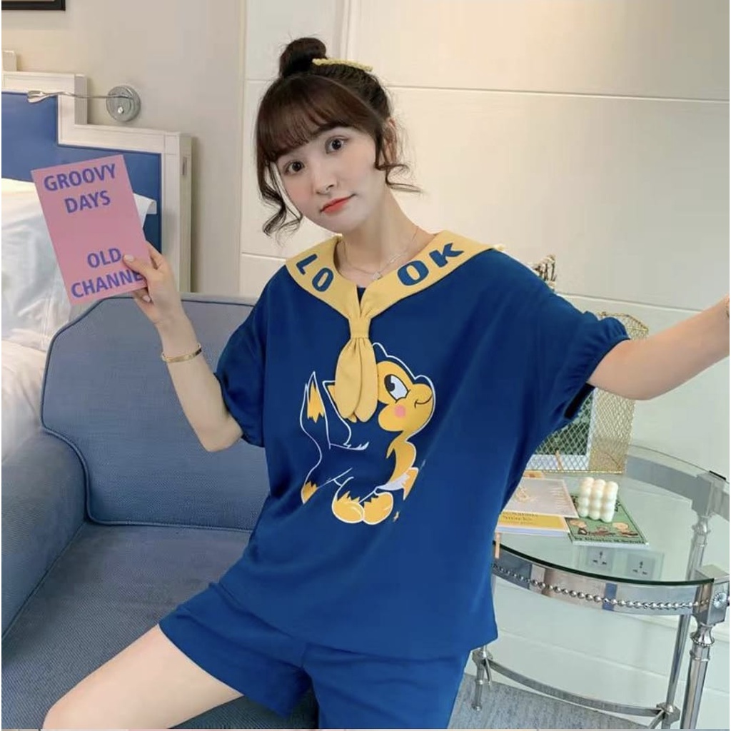 Baju tidur piyama lengan pendek celana pendek bahan kaos import