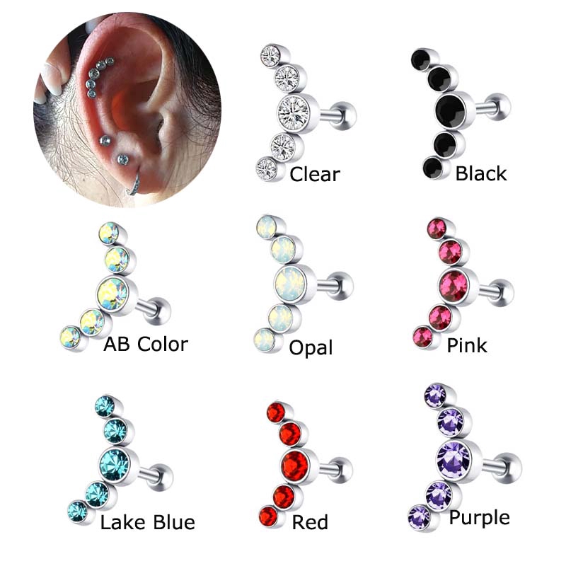 1piece Crystal Gem Earring Tragus Rings Stainless steel Cartilage Pinna Daith Piercing 16G