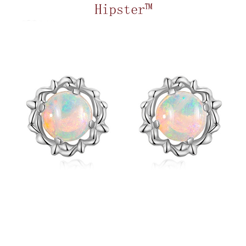 New Fashion Ins Style round Colored Gems White Gold Stud Earrings