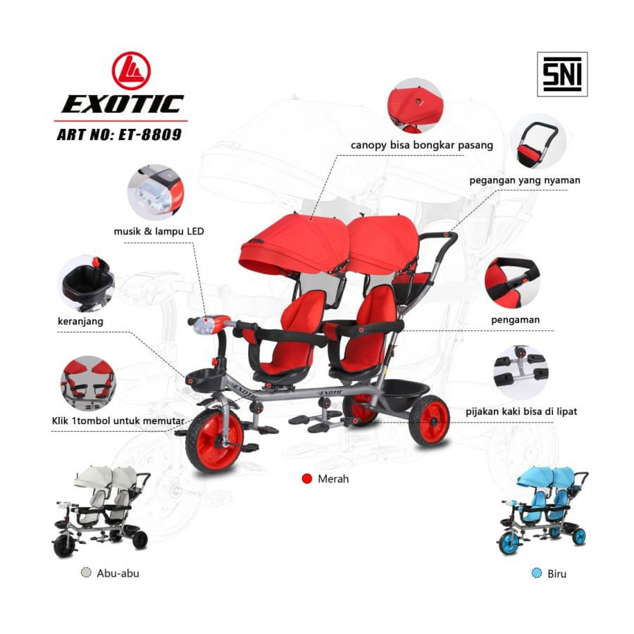 Exotic Tricycle ET8809 - Sepeda Roda Tiga Anak Kursi Double