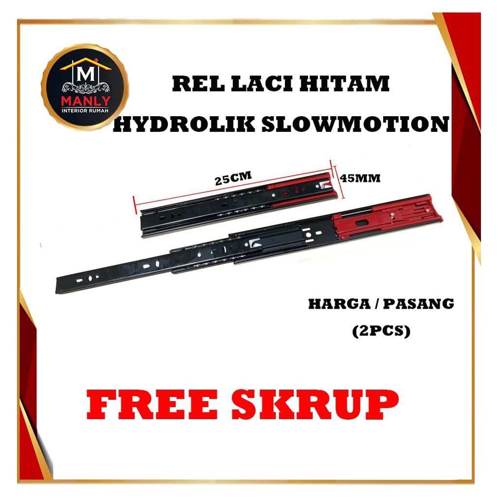 Rel Laci Hitam 25 cm Hydrolik Slowmotion Full Extention 45 mm  Isi 1 set (2 pcs)