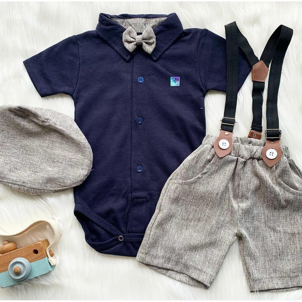 Baju setelan jumper bekerah celana suspender bayi keren pergi mall fashion anak bayi cowok laki -arm