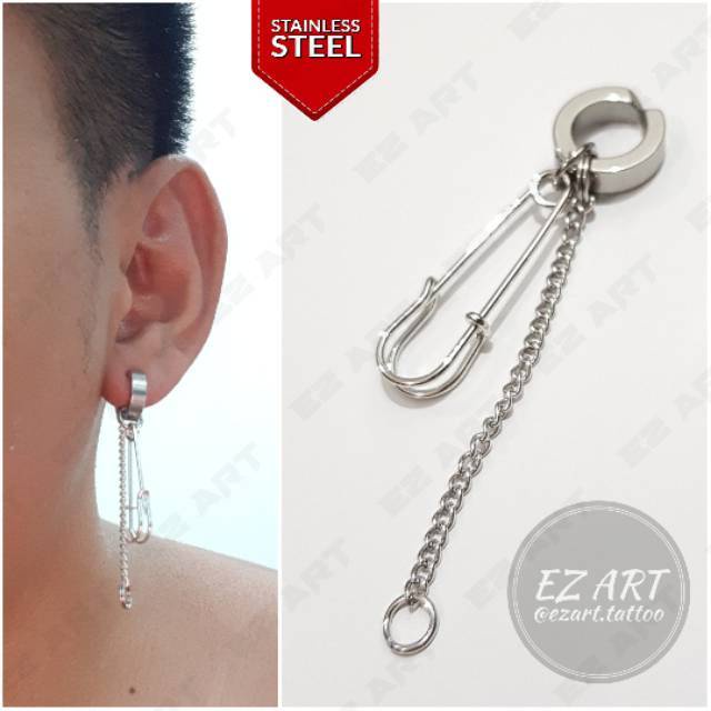 1Pc Model EZ-M Silver Anting Jepit Tusuk Variasi Bandul Gaya Punk Korea KPOP Stainless Steel